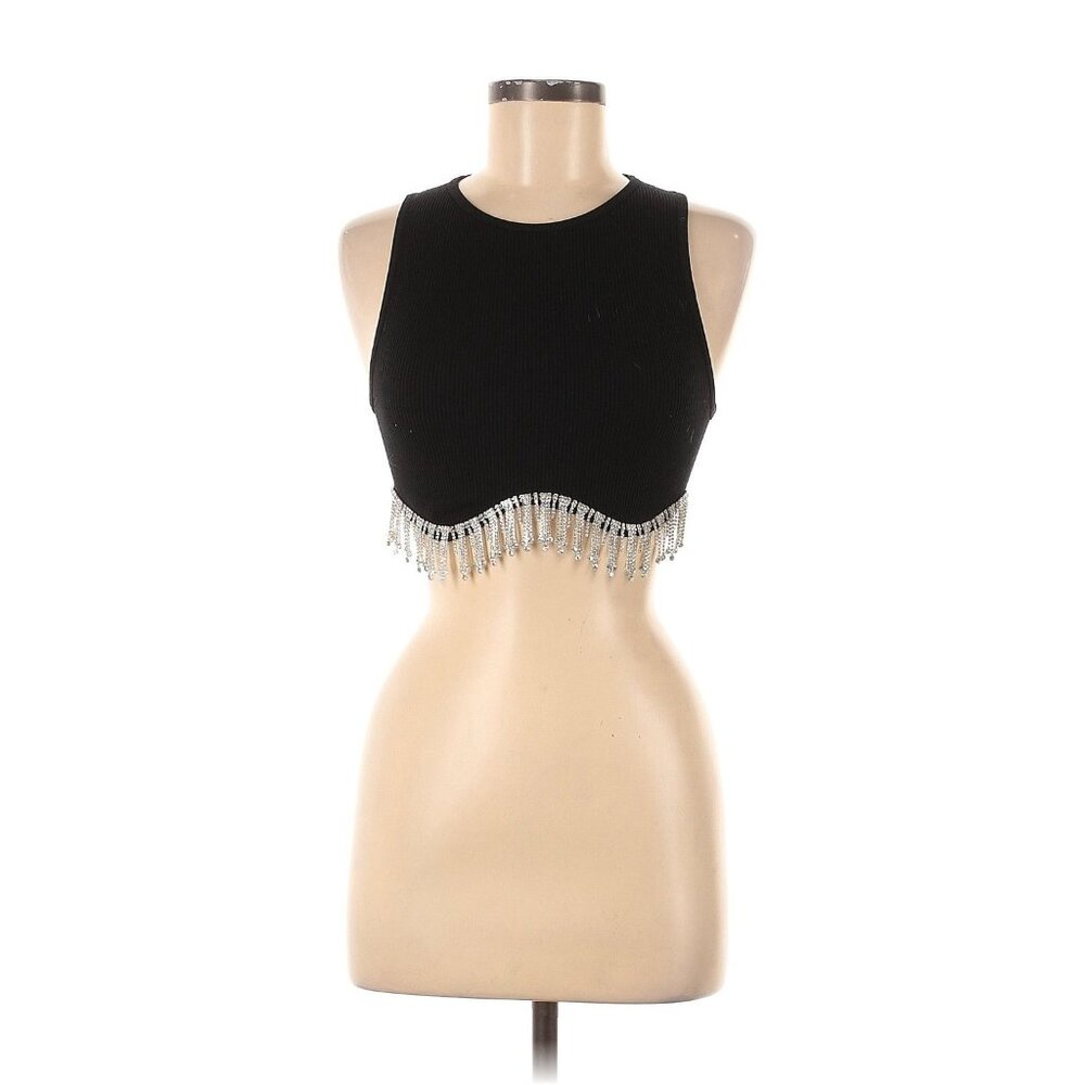 Zara Black Cropped Fringe Top M/L NWT